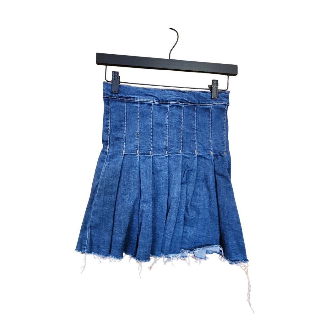Regeneration XS Pleated Denim Mini Skirt With Frayed Hem